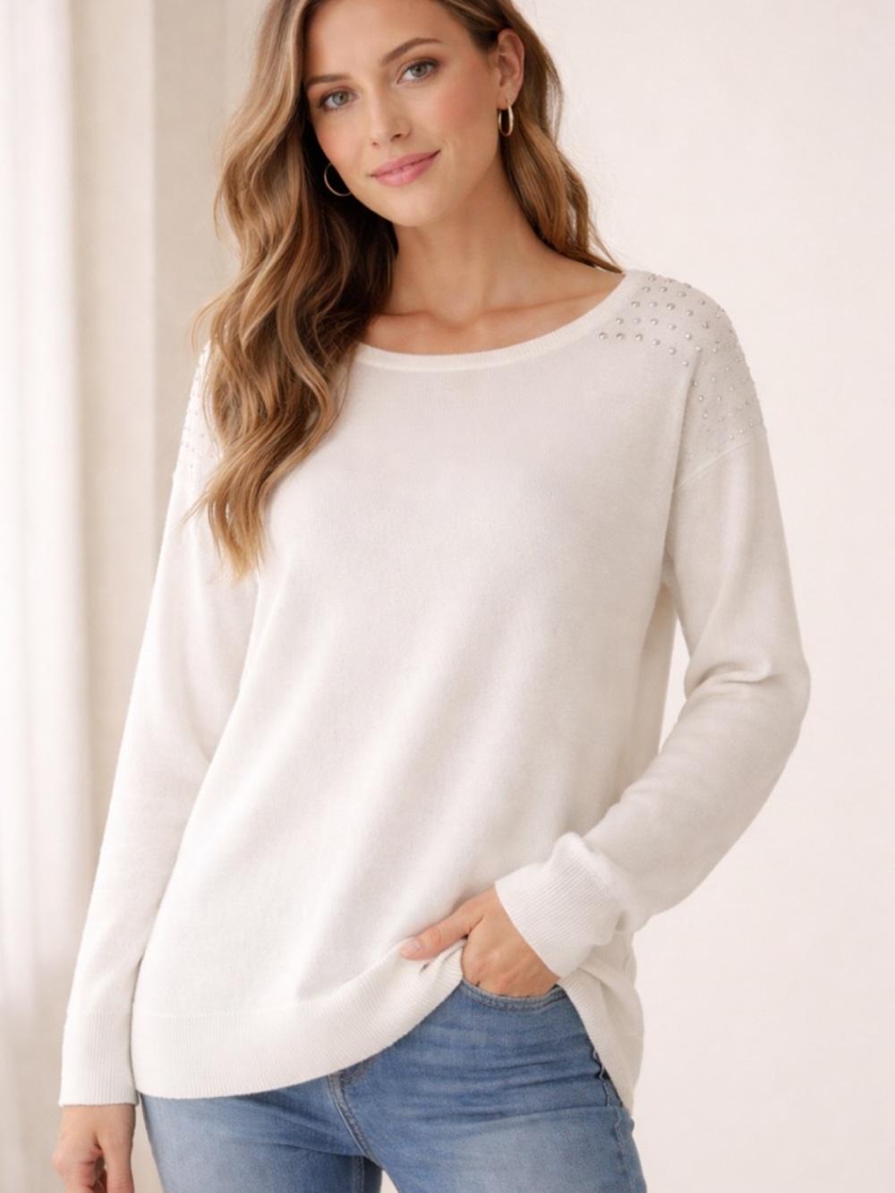 NY COLLECTION Cream with Silver Stud Embellishments Pullover Sweater M NWOT
